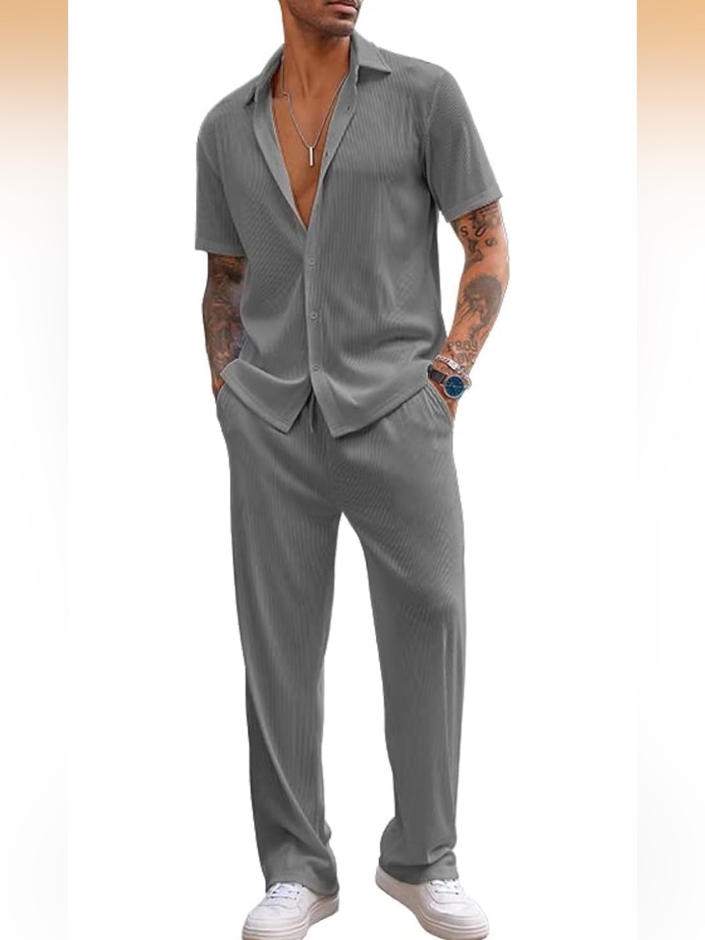 Men's Casual Short-Sleeve Button Shirt & Trousers Set -